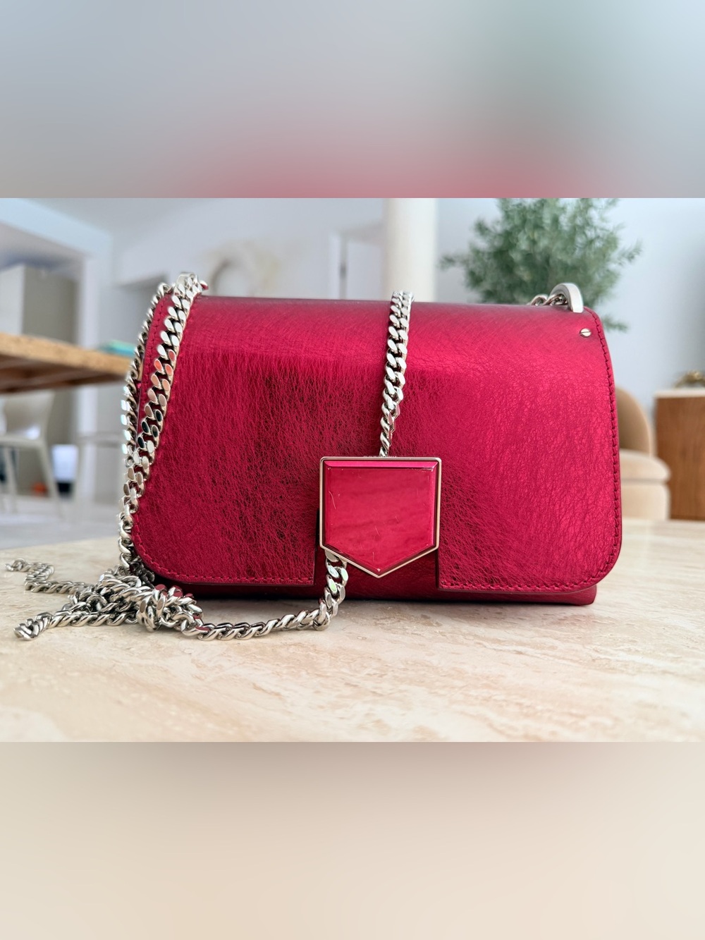 Jimmy Choo Lockett Petite Metallic Red Leather Shoulder Bag